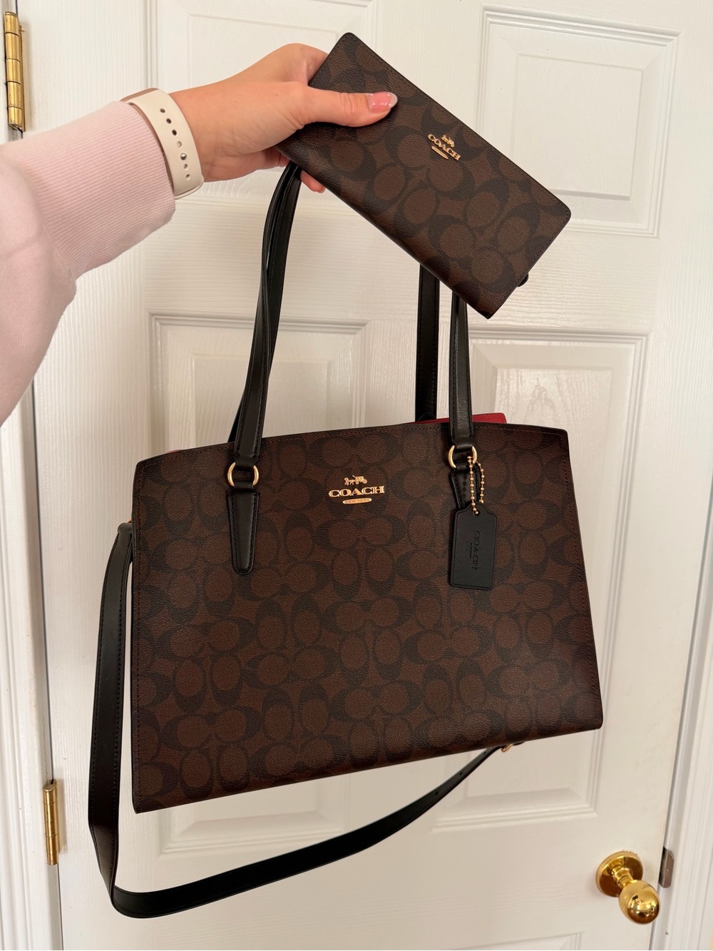 Coach Brown Signature Tote with Matching Brown Wallet